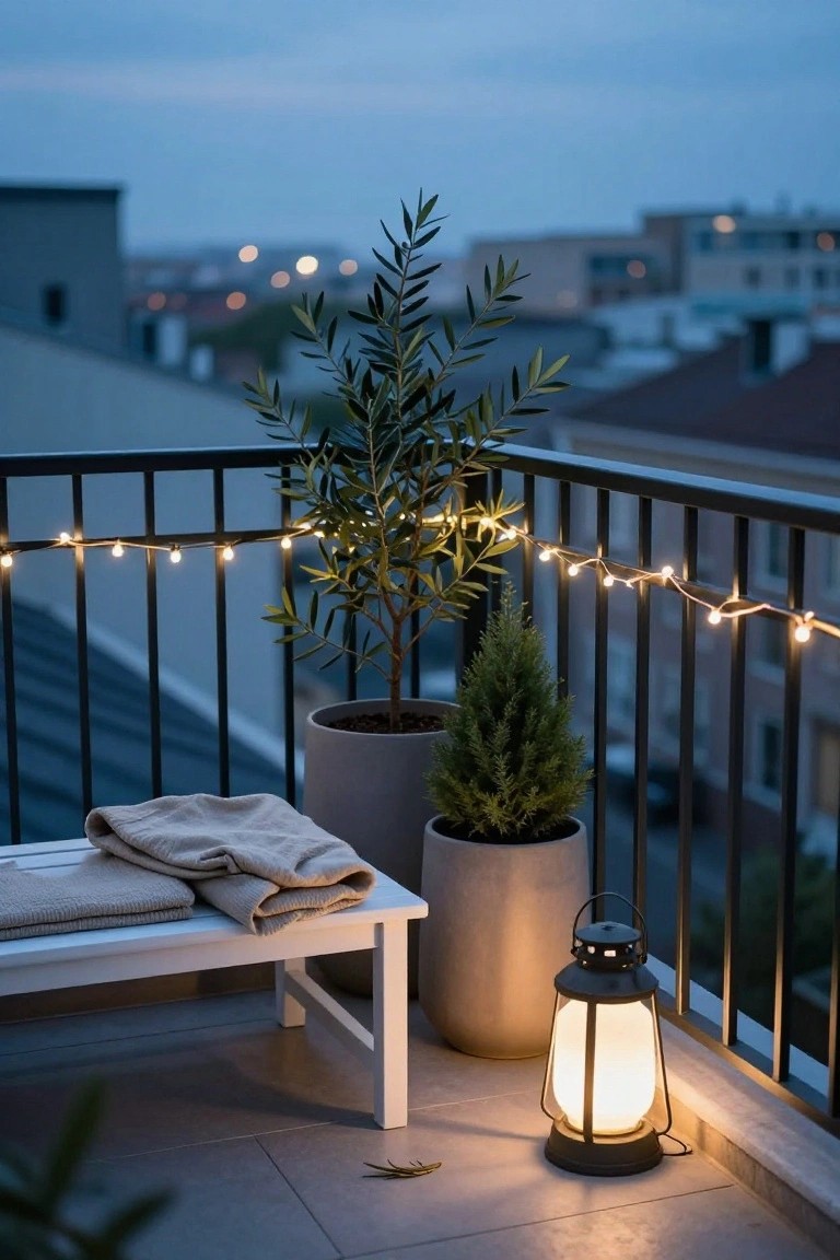 Balcony at dusk with potted olive tree and cypress plants, white bench draped with beige blankets, small warm string lights along black metal railing, and lit black metal lantern on tiled floor with cityscape view.