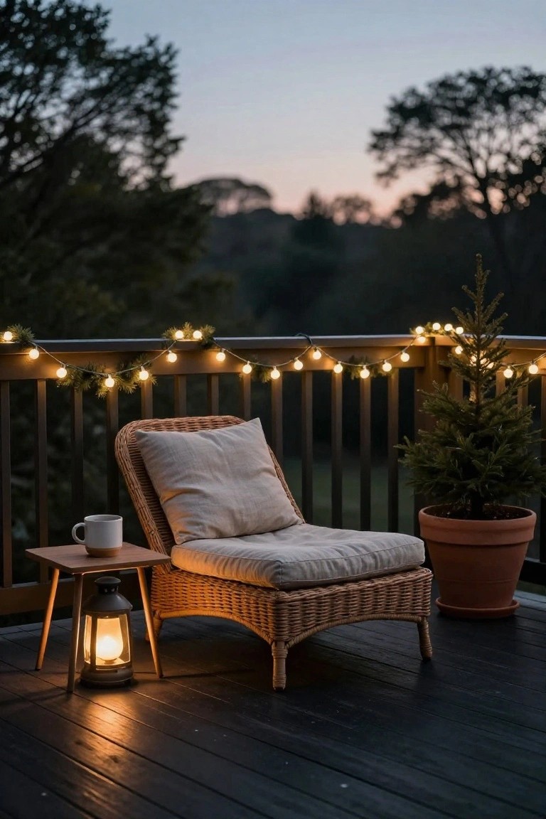 Wooden deck balcony at dusk with wicker lounge chair, side table holding mug and lantern, small potted fir tree in terracotta pot, and string lights with pine garland along railing, trees visible in background.