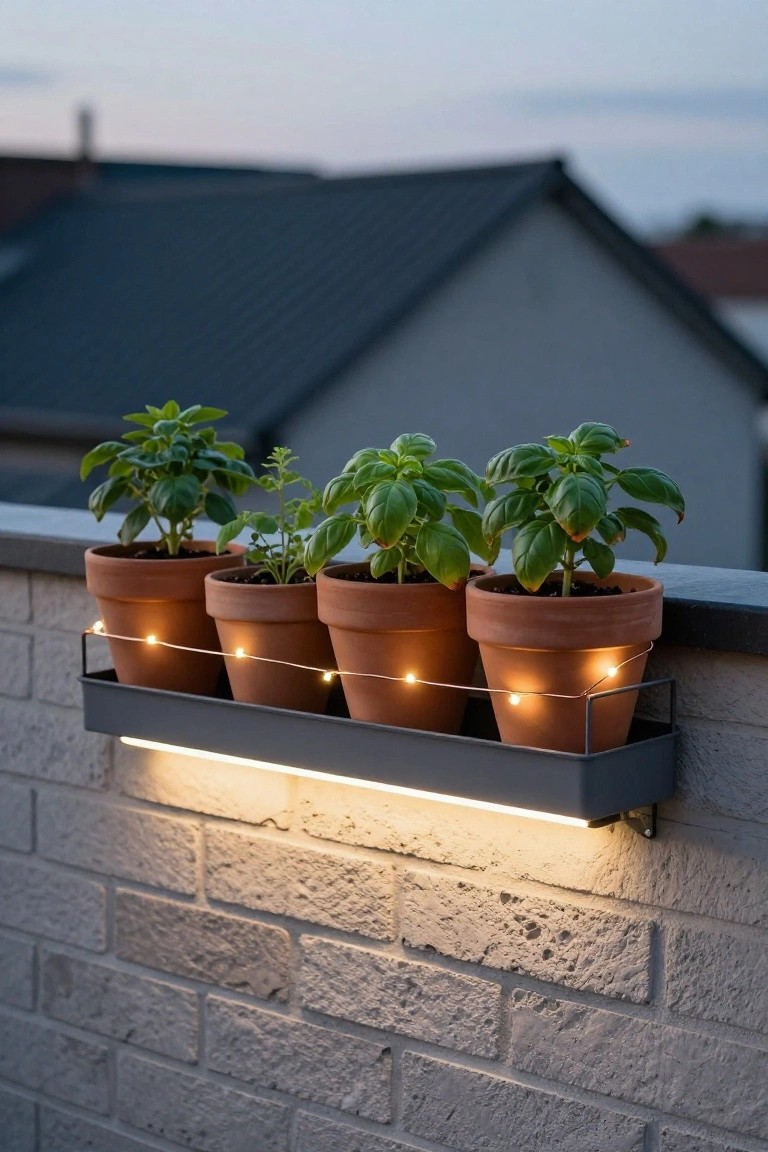 Terracotta herb pots with string lights in gray balcony planter at dusk.