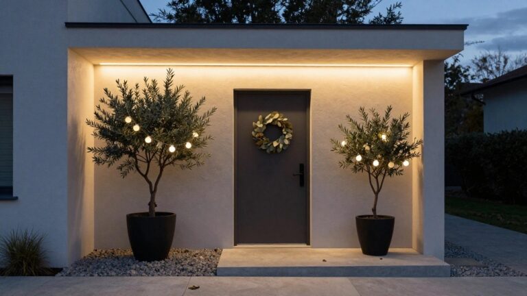 Modern white house exterior with gray front door decorated by a green eucalyptus wreath, flanked by two potted olive trees wrapped in small string lights, LED strip lighting under the overhang, concrete steps, and gravel ground.