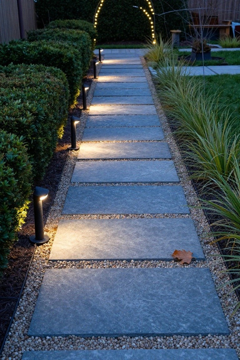 Nighttime view of a straight garden path with gray stone pavers lit by black bollard lights, bordered by trimmed hedges on one side, ornamental grasses and gravel on the other, and an arched string light structure at the entrance.