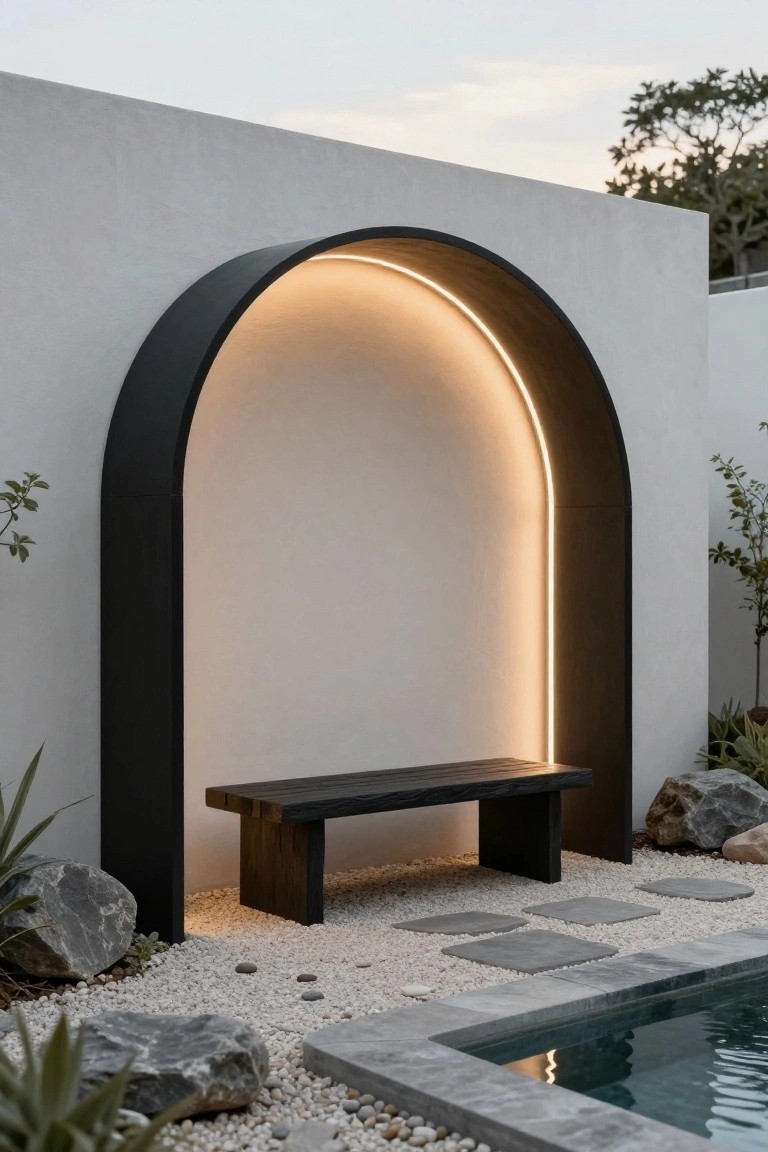 Black curved arch structure embedded in a white wall with integrated warm LED lighting along the curve, wooden bench below, rocks and gravel ground cover, plants nearby, and edge of a pool in foreground.