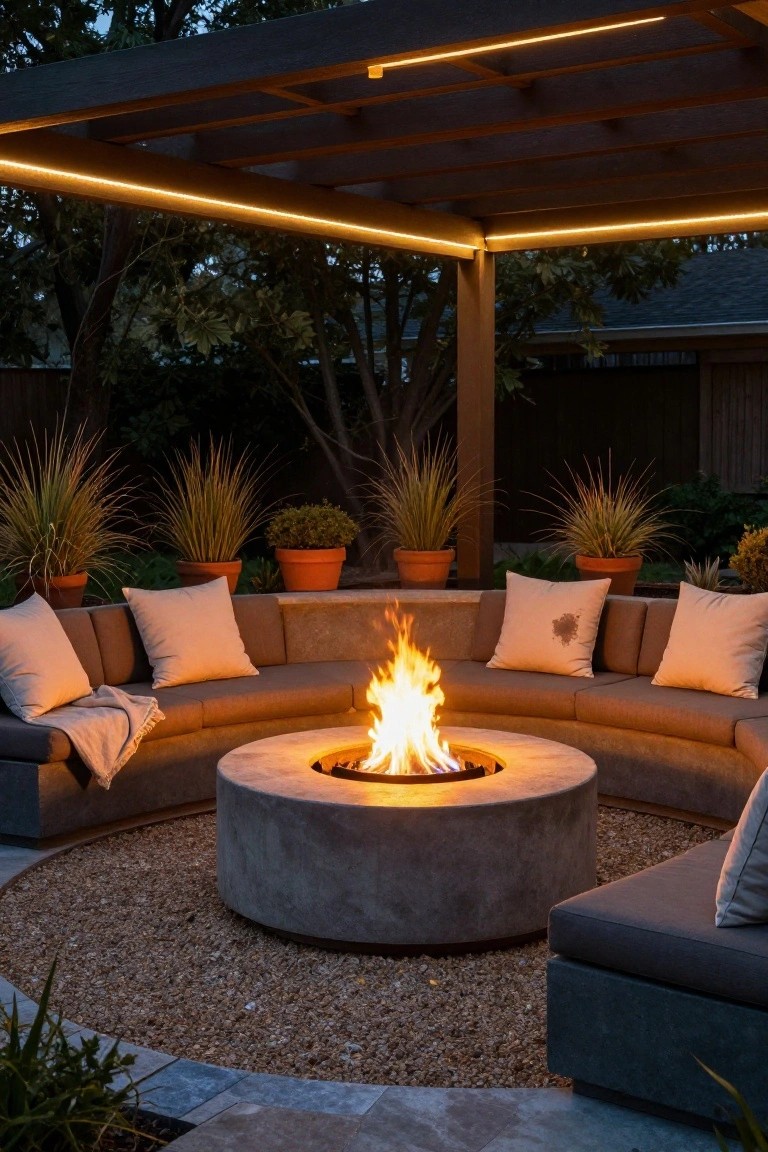 Wooden pergola with warm LED strip lights along the underside edges over a curved concrete fire pit surrounded by beige outdoor seating, potted grasses, and gravel ground cover at dusk.