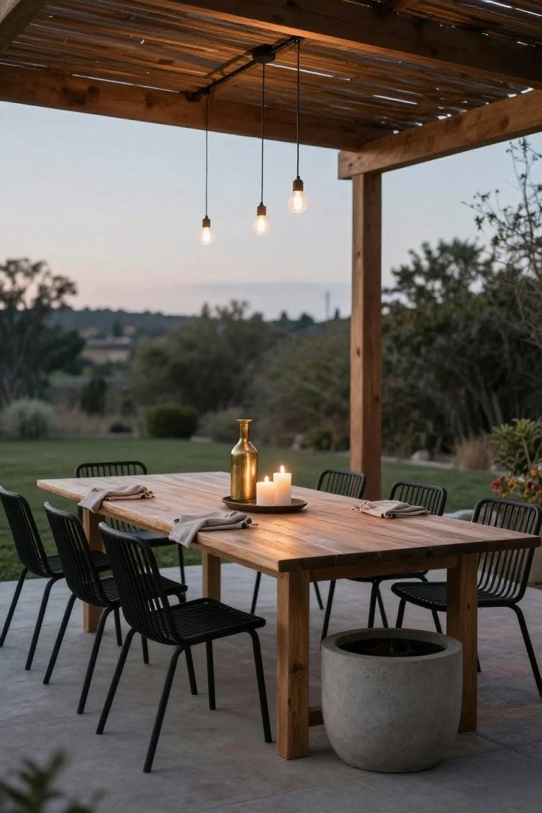 Wooden pergola covering a long rectangular dining table set with linen napkins, gold vase, candles, black wire chairs, large concrete planter, pendant lights hanging above, grass lawn and garden view at dusk.