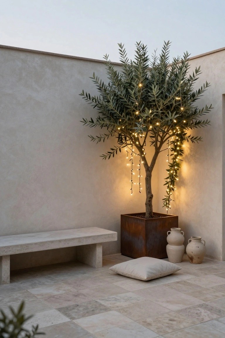 Potted olive tree with string lights draped on branches stands in a rusted metal planter on a tiled terrace next to a concrete bench, beige stucco walls, and two terracotta pots.