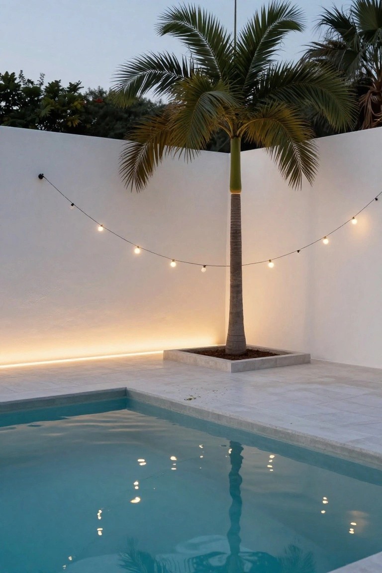 White walls and a square planter with a tall palm tree beside a turquoise pool at dusk, with string lights draped overhead from wall to wall and LED strips glowing along the wall base.