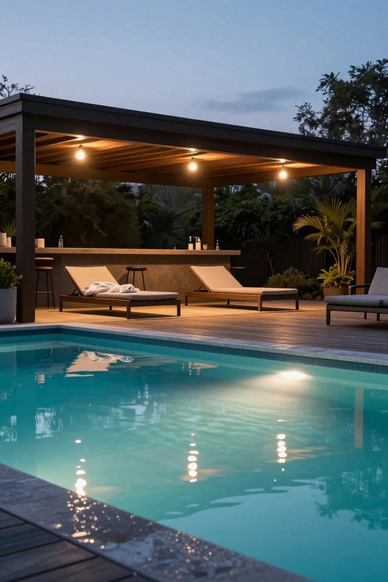 Twilight photo of an outdoor pool deck with a dark wood pergola lit by warm hanging bulbs, concrete bar with stools, loungers with towels, potted plants, and turquoise pool water reflecting the lights.