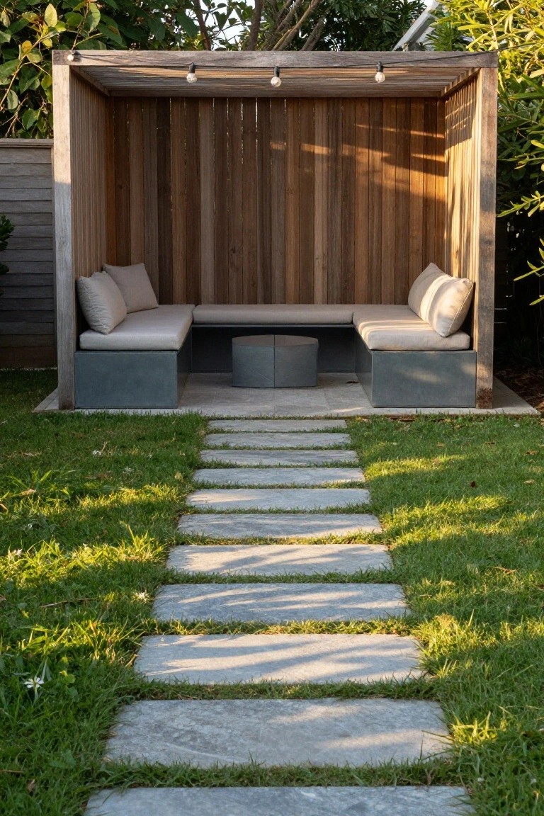 Wooden pergola structure with built-in benches, central round stool, overhead string lights with exposed bulbs, gray stone path leading through green lawn.