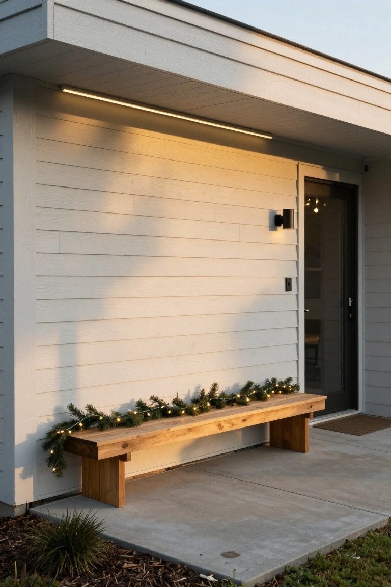 White shiplap house exterior wall with black front door, wooden bench on concrete porch wrapped in pine garland with white fairy lights, wall-mounted light fixture, and low ground cover plants nearby.