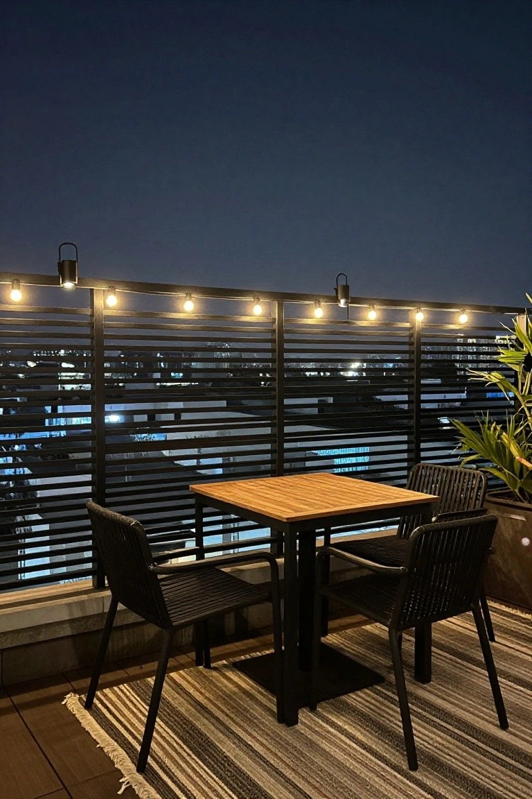 Nighttime view of a compact balcony featuring a square wooden table, two black rattan chairs on a striped rug, string lights along a black slatted metal railing, potted plants, and city lights in the background.