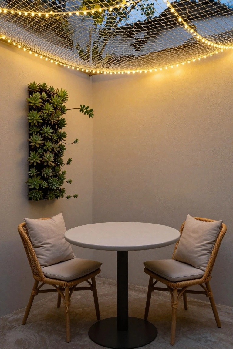 Outdoor corner seating area with two rattan chairs with cushions around a round white table, under a net canopy strung with warm white string lights, and a vertical succulent wall garden on beige stucco wall.
