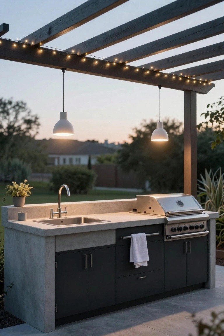 Outdoor kitchen under a wooden pergola with string lights along the beams, two pendant lights hanging down, concrete countertop with sink and built-in grill, potted plant nearby, evening sky in background.