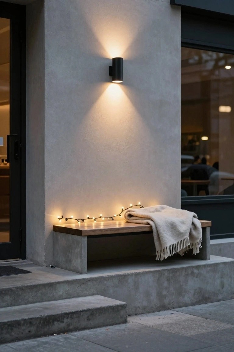Gray stucco exterior wall with black front door, two black cylinder wall sconces, wooden bench on concrete platform draped with white string lights and cream knit blanket, large dark-framed windows, and concrete steps leading to gray paver sidewalk.