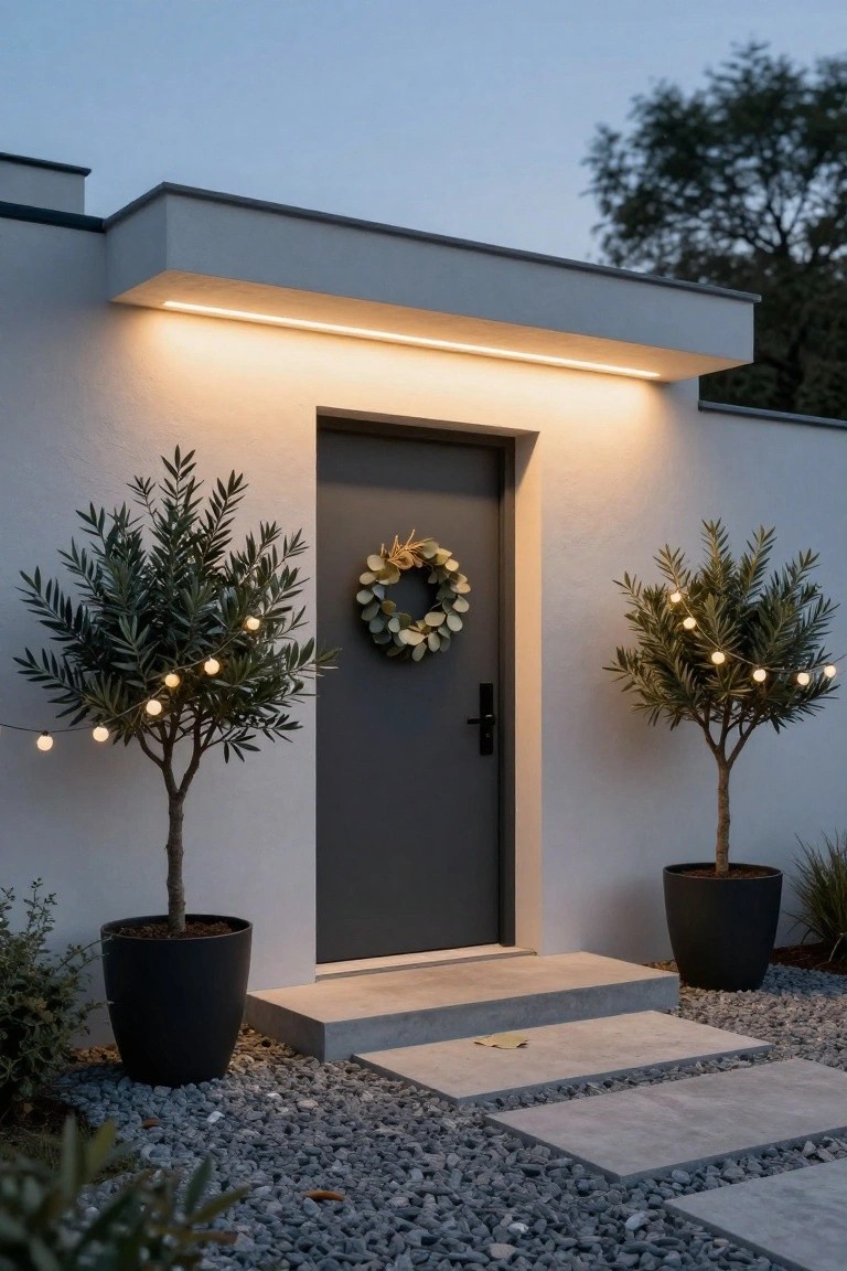 Modern white house exterior with gray front door decorated by a green eucalyptus wreath, flanked by two potted olive trees wrapped in small string lights, LED strip lighting under the overhang, concrete steps, and gravel ground.