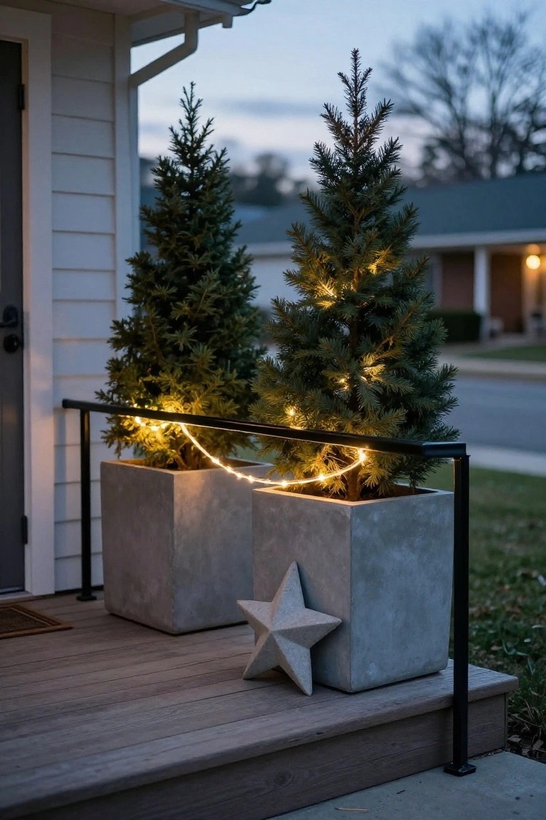 Two potted evergreen trees in gray square planters on a wooden porch deck, wrapped and draped with string lights along a black metal railing next to a white house exterior, with a concrete star decoration nearby.