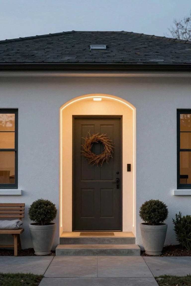 White stucco house facade at dusk with a dark paneled front door in a lit arched entryway, black-framed windows, wheat wreath on door, potted boxwood plants, wooden bench with blanket, and concrete steps.