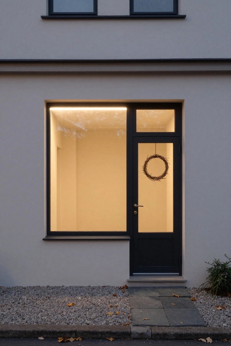 Modern house exterior at dusk showing a large window with warm interior glow, black front door with twig wreath, gravel ground cover, stone entry path, and small plants nearby.
