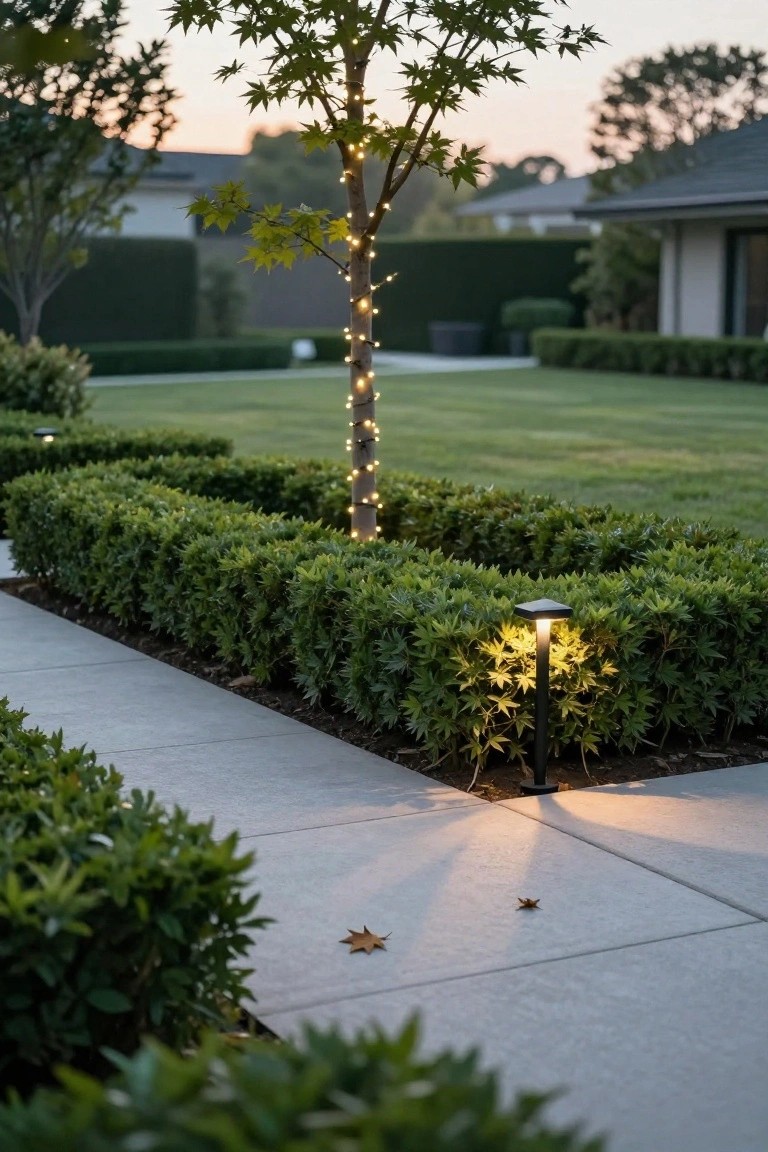 Garden path edged by low boxwood hedges with a tree wrapped in string lights, a bollard path light, concrete walkway, lawn, and houses in the background at dusk.