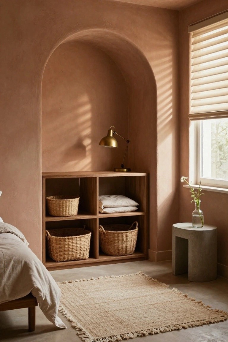 Bedroom corner with terracotta walls, arched niche containing built-in wooden cubby shelves with woven baskets and folded linens, bed with white bedding and seagrass rug in foreground, concrete side table near window with blinds.