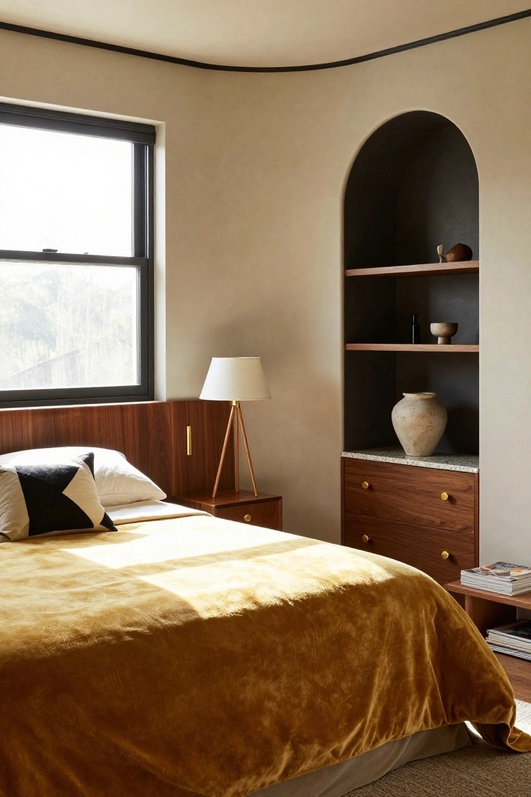A sunlit bedroom with a mustard yellow velvet bedspread on a walnut wood platform bed, matching nightstand and dresser, a tripod floor lamp, and an adjacent arched black niche with wooden shelves displaying pottery and a vase, viewed through a large black-framed window.