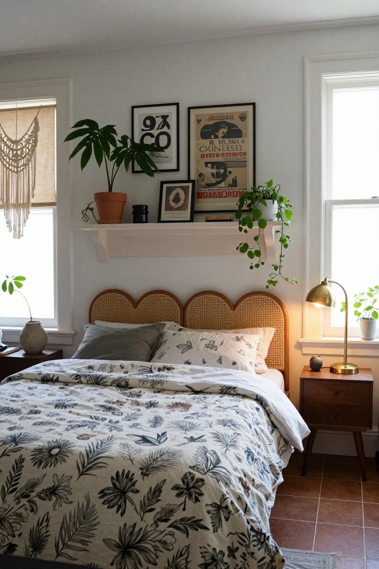 A cozy bedroom featuring a curved rattan headboard, white duvet with black botanical print, floating wooden shelves above the bed displaying potted plants, framed art, and vintage posters, macrame window hangings, and additional houseplants on windowsills and nightstands.