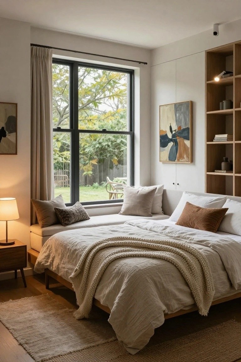 Modern bedroom with low wooden platform bed draped in white linens and knit throw, built-in beige window bench with pillows, large black-framed triple window overlooking backyard garden, oak shelving unit, table lamp on wooden side table, and neutral rug on wood floor.