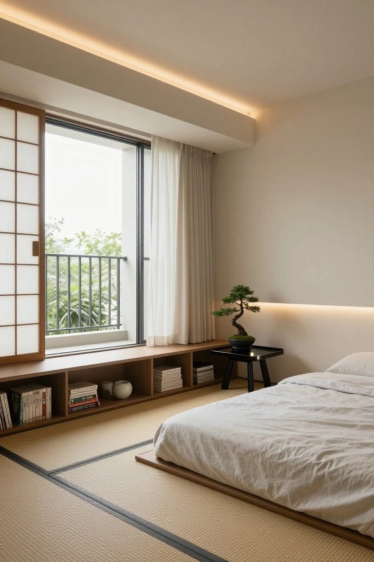 A minimalist bedroom with light-colored tatami mat flooring, low wooden platform bed with white sheets, built-in wooden window bench holding books and shelves, black tray table with bonsai tree, and shoji screen beside a window with white curtains overlooking a balcony railing and greenery.