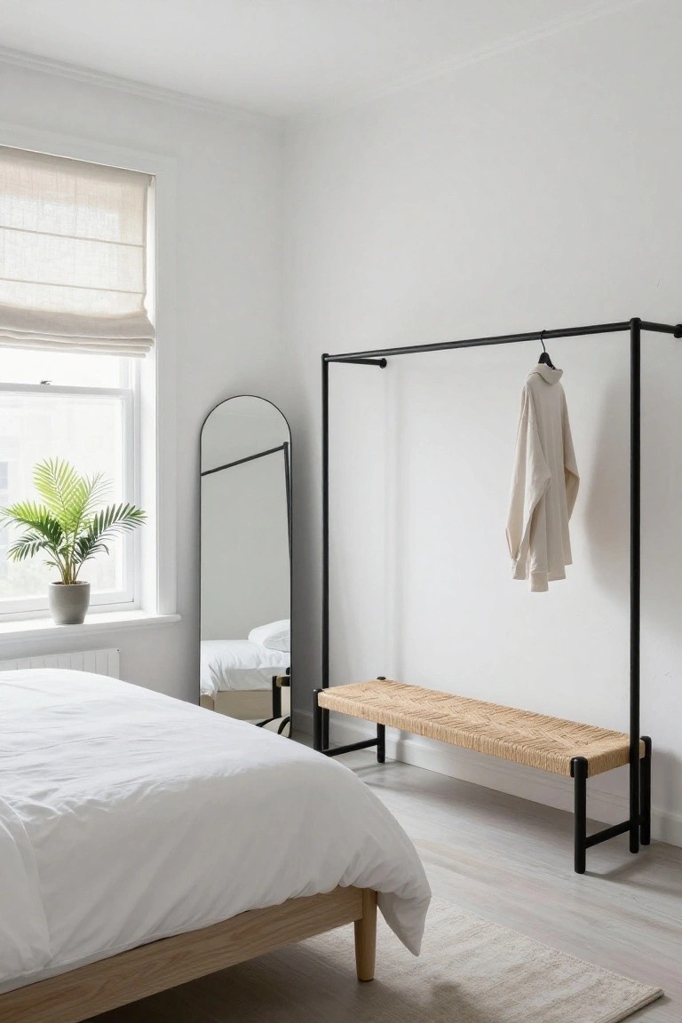 Black Metal Rack and Rattan Bench Corner