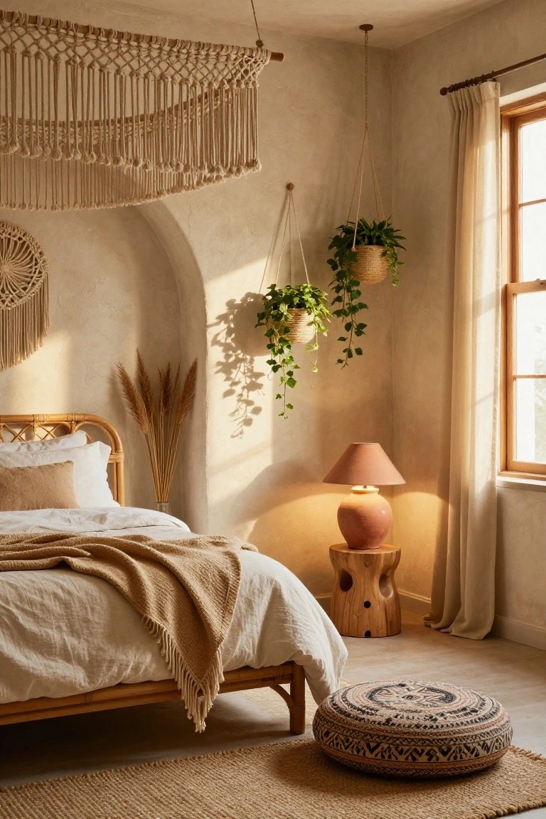 Sunlit bedroom with beige curved walls, rattan bed with white pillows and sheets under a beige throw, macrame wall hanging overhead, pampas grass bundle, hanging basket plants, terracotta lamp on carved wooden stool, woven pouf on seagrass rug, and sheer curtained window.