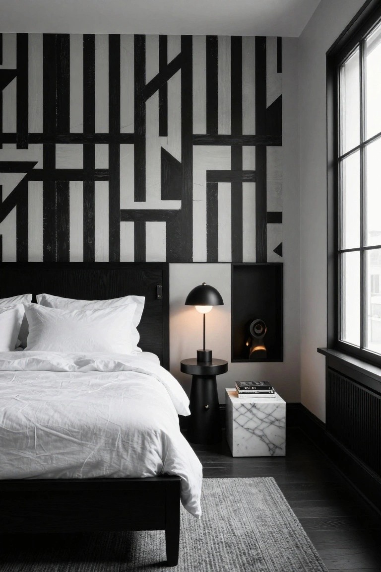 Modern bedroom with tall black and white geometric striped wall pattern behind low black bed frame, white rumpled bedding, black dome lamp on side table, marble stool, and window with black radiator.