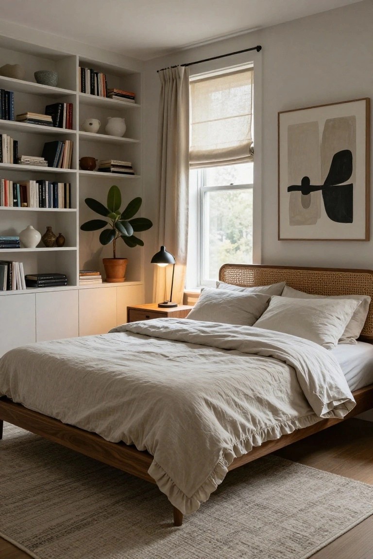 A bedroom corner with tall white built-in shelving filled with books, ceramics, vases, and a large potted plant next to a wooden bed frame with rattan headboard, beige linen bedding, bedside lamp, and window with sheer curtains and abstract framed art on the wall.