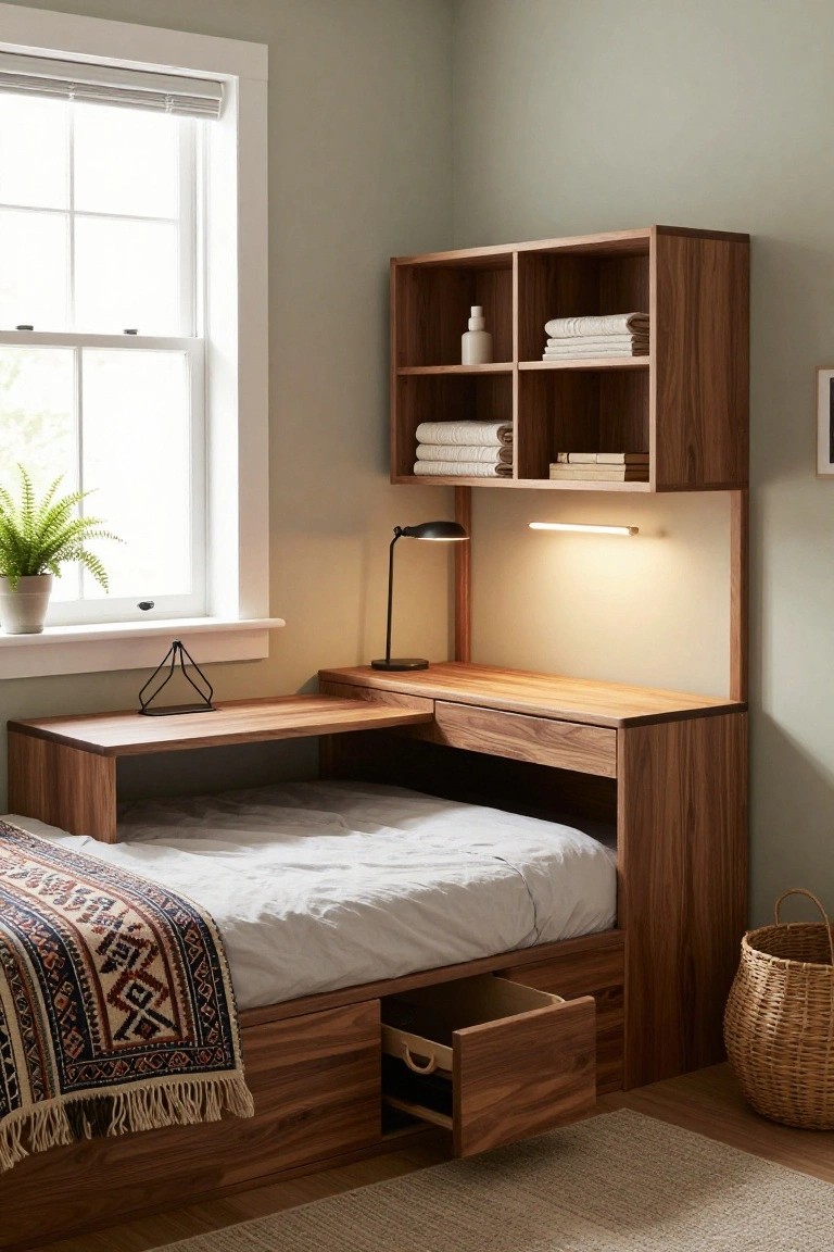 Corner built-in walnut wood furniture in a bedroom featuring an L-shaped desk, platform bed with under-bed drawers, upper open shelves with towels and books, a desk lamp, and a nearby window with a potted fern.