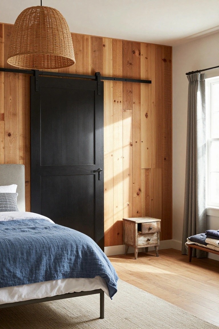 A bedroom interior with light vertical wood plank walls, black sliding barn door, bed with white headboard and blue linen duvet, wooden nightstand, bench with blankets, hardwood floors, and window with gray curtains.