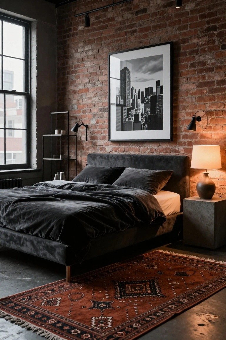 Modern bedroom with exposed red brick walls, black velvet upholstered platform bed with dark gray bedding, bedside lamp on concrete table, black and white city photo on wall, wall lamps, metal shelf, and red patterned rug on concrete floor.