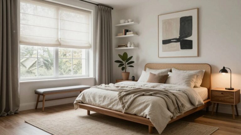 A bedroom corner with tall white built-in shelving filled with books, ceramics, vases, and a large potted plant next to a wooden bed frame with rattan headboard, beige linen bedding, bedside lamp, and window with sheer curtains and abstract framed art on the wall.