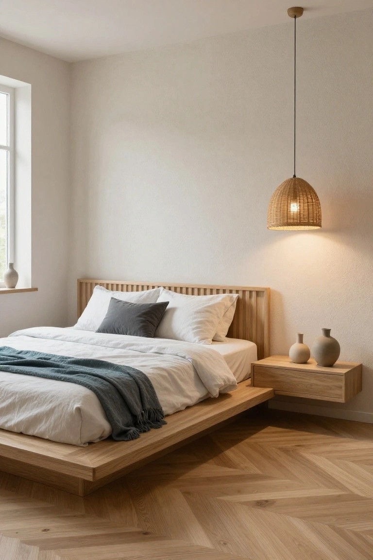 Modern bedroom with low floating oak platform bed, attached floating oak nightstand holding two beige ceramic vases, white bedding with gray pillows and teal throw, herringbone oak flooring, woven rattan pendant light hanging above, beige walls, and window sill with white vase.
