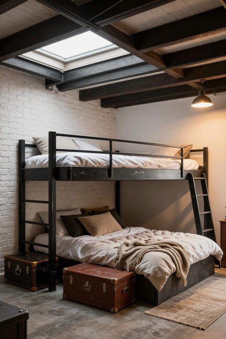 Modern bedroom interior with black metal bunk bed in corner against white brick wall, lower bed on raised platform with white bedding and throw, two vintage trunks nearby, polished concrete floor, and exposed beam ceiling with skylight.