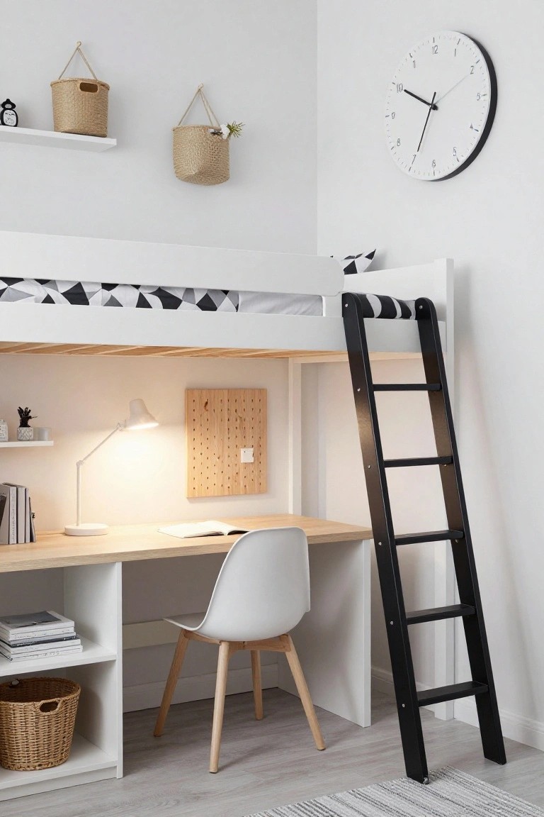 White loft bed with black ladder and wooden desk underneath in a minimalist bedroom with neutral decor and wicker baskets.