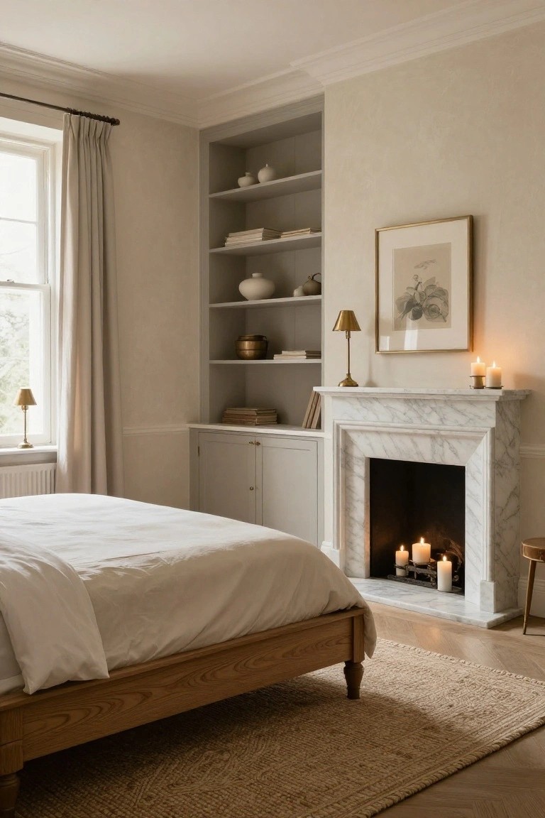 Bedroom interior with a white duvet on an oak bed frame, marble fireplace lit by candles, gray built-in shelving with ceramics and books, beige walls, and hardwood floors.