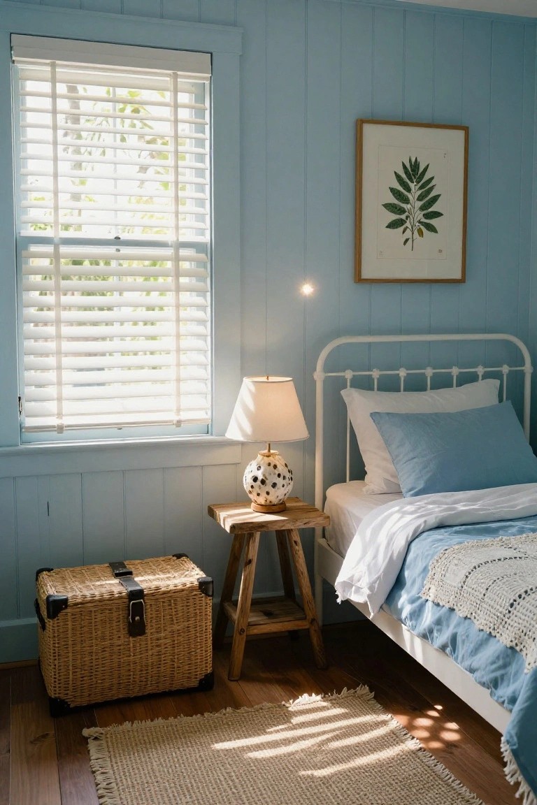 A sunlit bedroom with pale blue vertical paneled walls, white metal bed frame with blue bedding, bedside table holding a polka-dot lamp, wicker trunk on the floor, and white blinds on the window.
