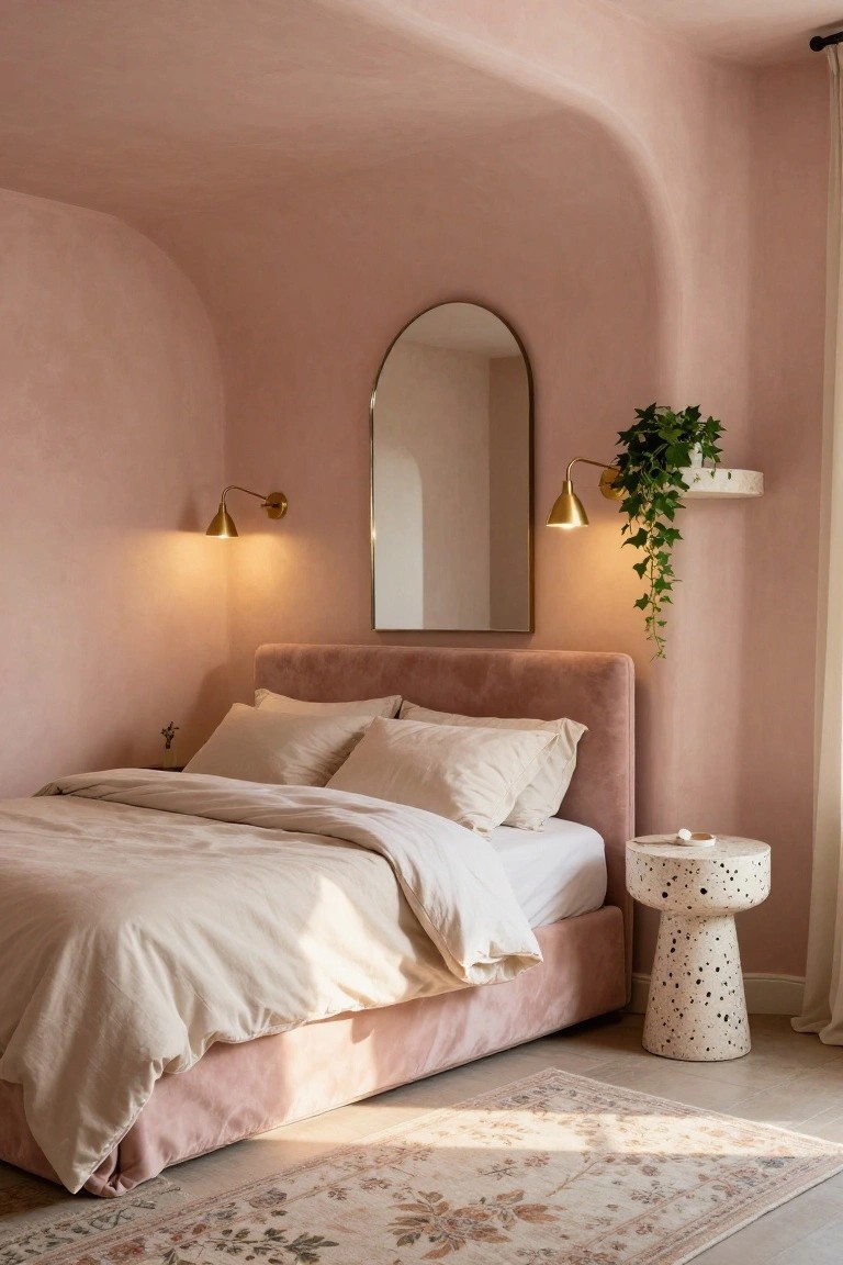 Bedroom with curved blush pink plaster walls, pink upholstered bed with white linens and pillows, arched mirror flanked by gold sconce lights and ivy plant, polka dot side table, and patterned rug on wood floor.