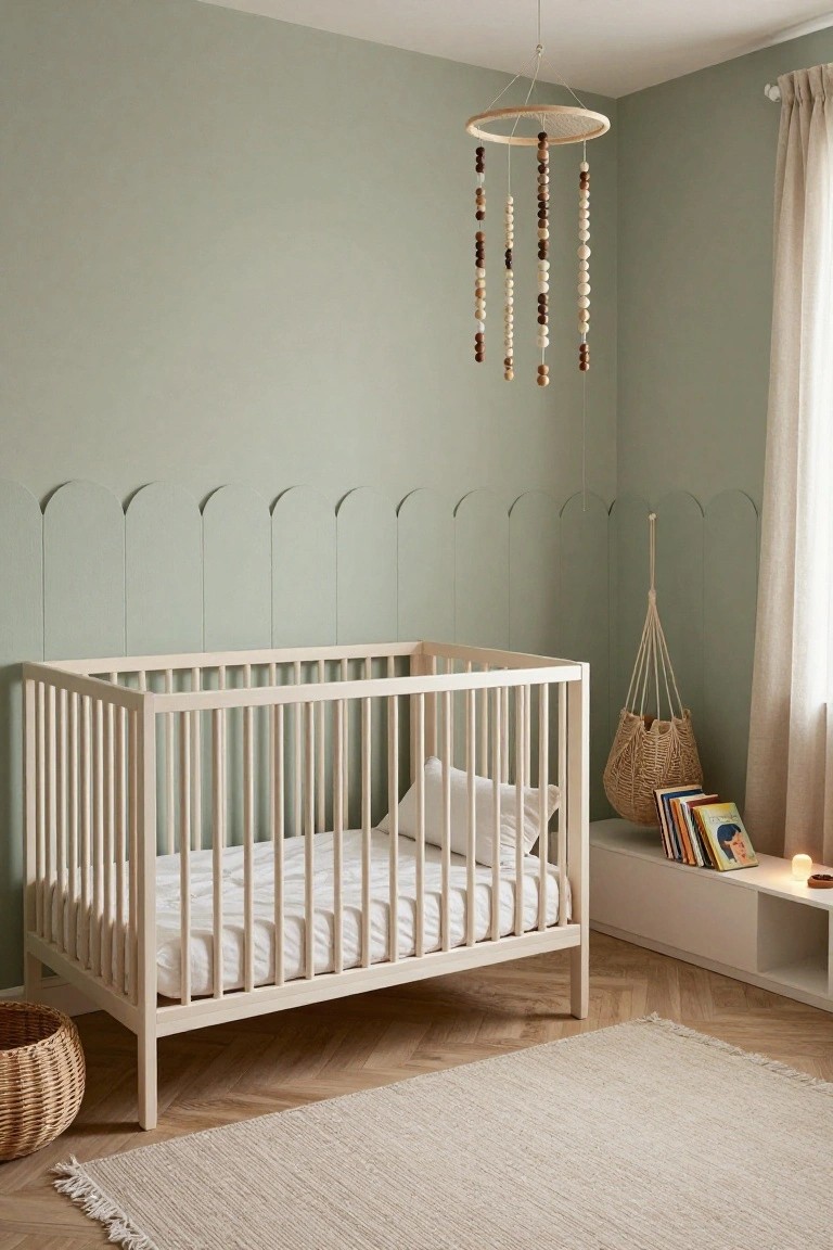 Mint green nursery room with white wooden crib, wooden bead mobile overhead, scalloped wall panels, woven hanging basket, bookshelf with children's books, and herringbone wood floor.