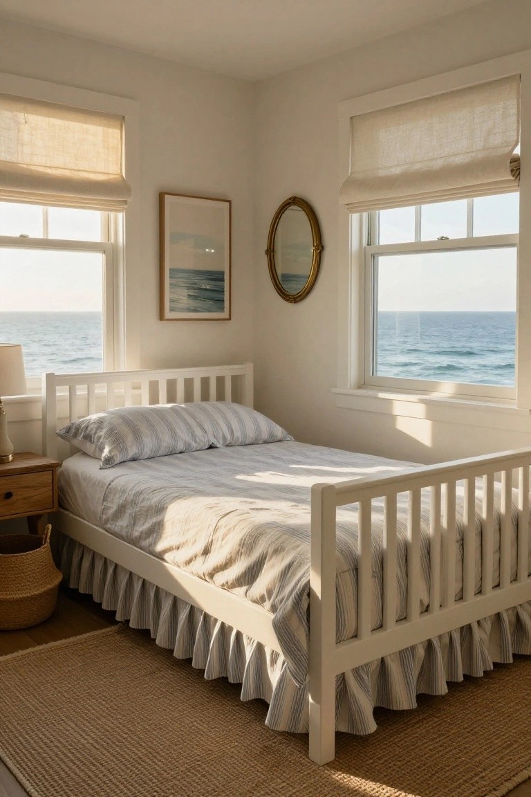 Corner bedroom with white wooden spindle bed frame, gray striped pillows, white linen bedding with ruffled skirt, nightstand, seagrass rug, linen roman shades on windows overlooking ocean, and wall art.