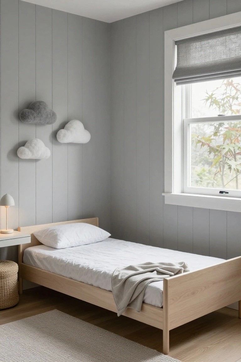 A minimalist child's bedroom with light gray vertical shiplap walls, two plush cloud wall lights, a simple oak single bed with white sheets and gray throw, a side table with white lamp, rattan stool, beige rug, and window with gray linen shade.