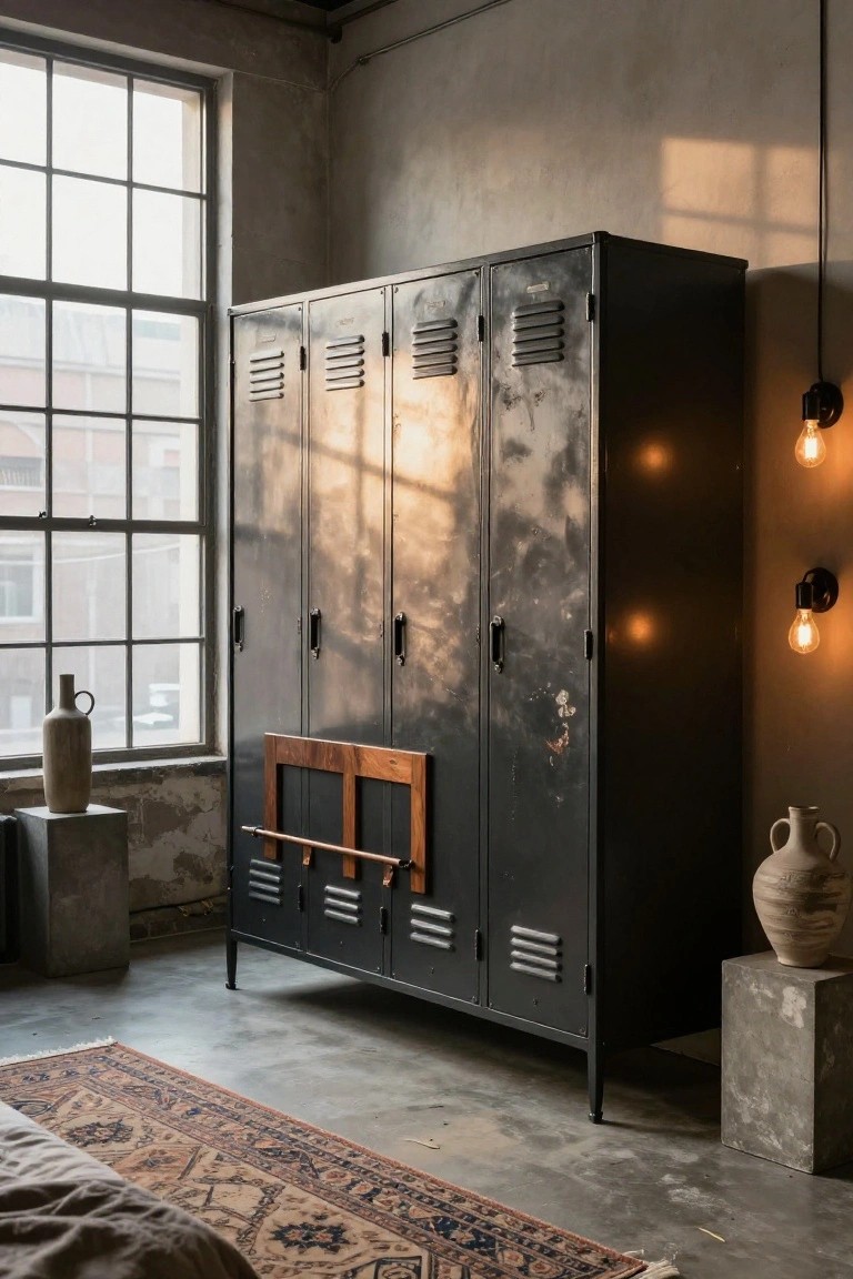 Tall black metal locker cabinet with wooden shelf insert in an industrial bedroom with large windows, terracotta vases on concrete pedestals, Persian rug, and bed corner.