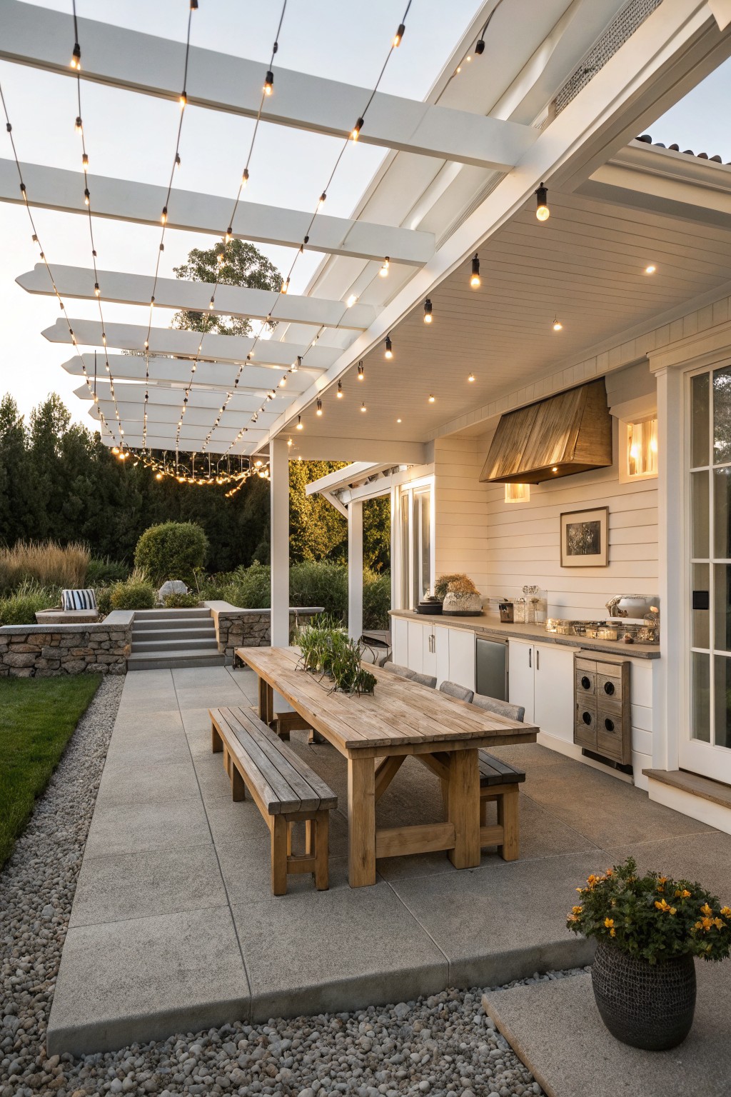 A covered back porch with white pergola and string lights, built-in outdoor kitchen featuring wood range hood, white cabinets, stainless cooktop, long rustic wooden dining table with benches on concrete patio, adjacent stone steps and grassy yard.
