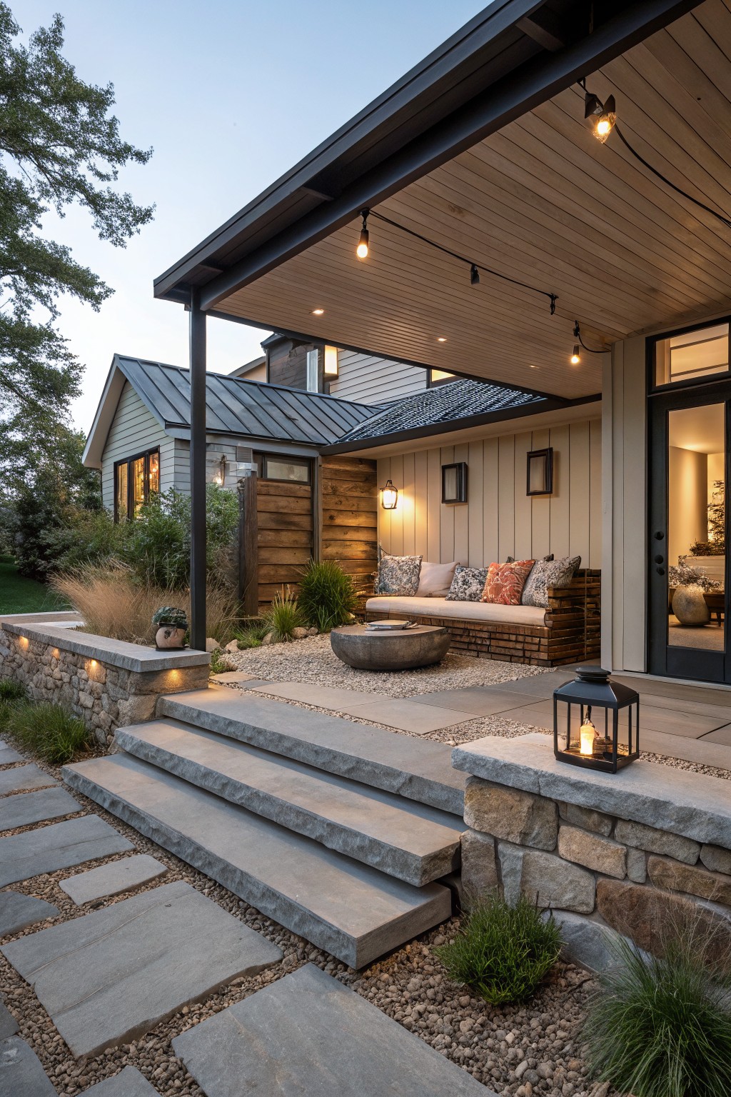 A covered back porch on a modern farmhouse with wooden bench seating and patterned cushions around a stone fire pit, string lights overhead, stone steps leading up from a gravel path, and low plantings along a rock wall.