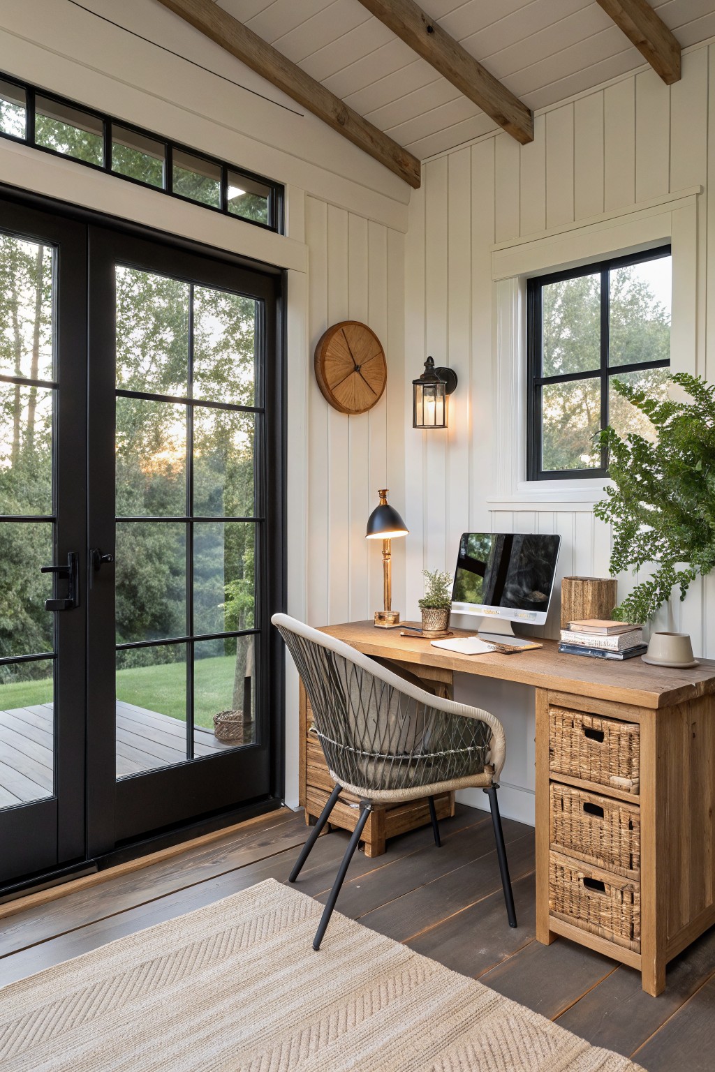 Modern farmhouse home office interior with wooden desk, rattan chair, computer screen, desk lamp, plants, clock, and large black-framed glass doors opening to a wooden deck and wooded backyard.