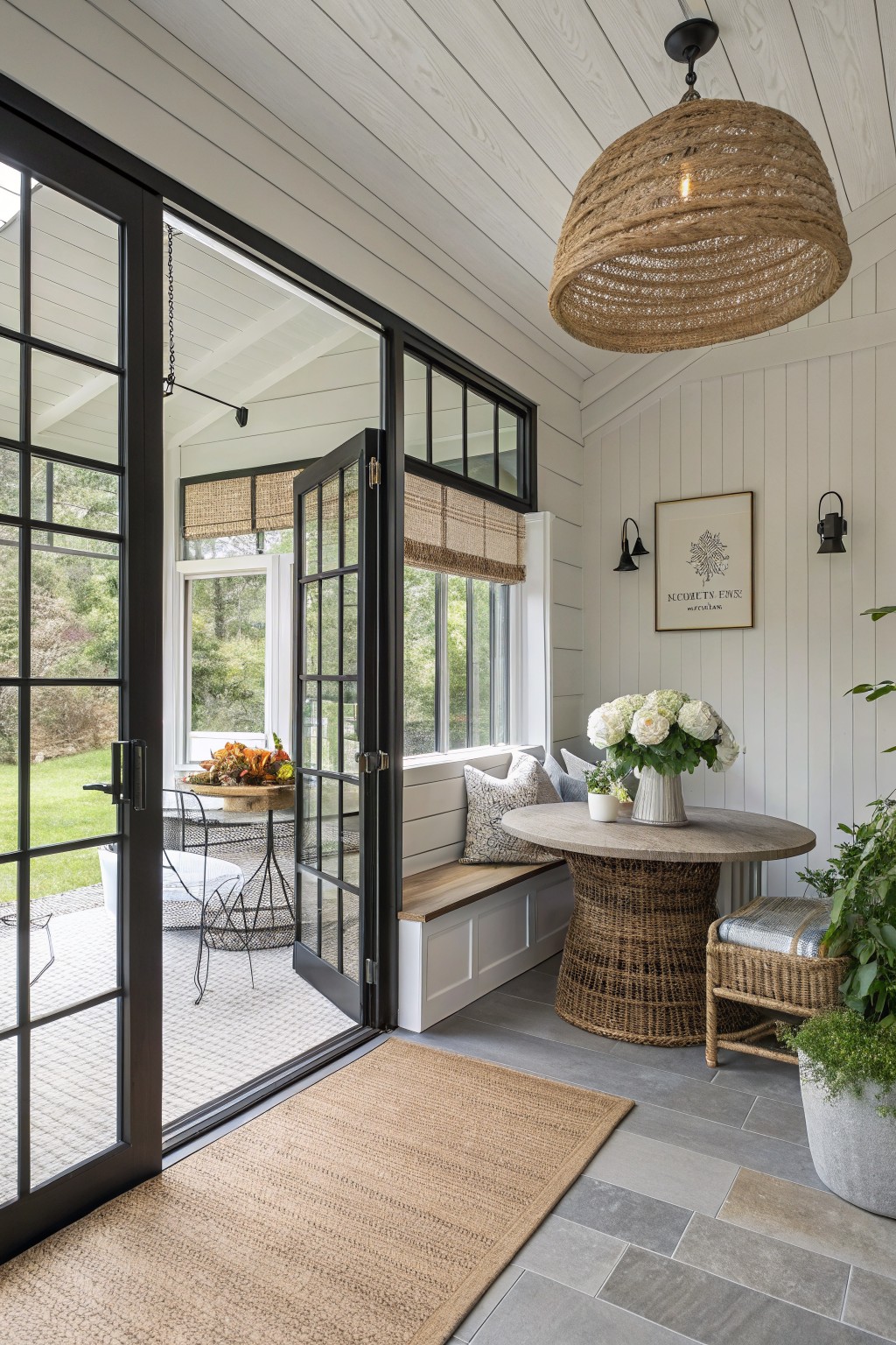 Sunroom interior with white shiplap walls and ceiling, black metal-framed windows and doors opening to a patio, built-in bench with pillows and round wooden table, woven pendant light, potted plants, and hydrangea arrangement.