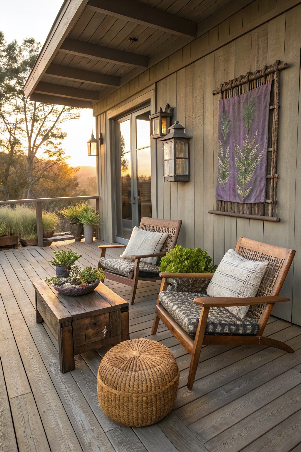 Wooden deck porch with two rattan armchairs with cushions, low wooden coffee table with plant bowl, woven pouf, potted plants, lanterns, purple fern-patterned wall hanging, and glass doors on gray wood siding, overlooking hills at sunset.